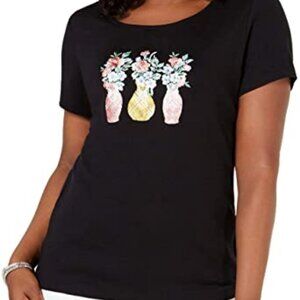 Karen Scott L women embroidered T-shirt short sleeve black fairy, floral